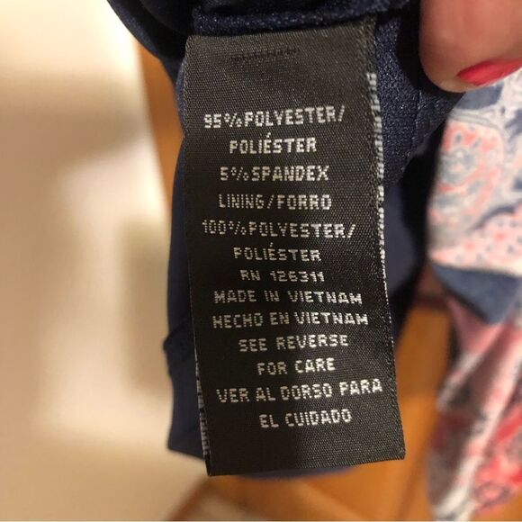 Ronni Nicole Women’s Size 10 Open Shoulder 3/4 Slv Lined Navy Printed Dress - Picture 13 of 16